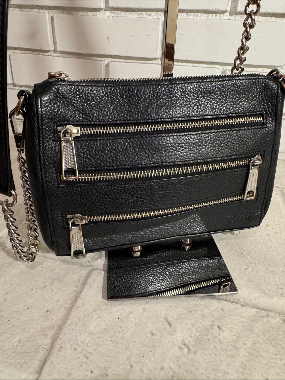 Rebecca Minkoff Black Pebbled Leather 3 Zip Crossbody Bag Silver Hardware
